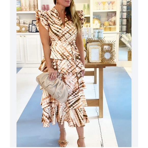 Marie Oliver Tie-Dye Ruffle Midi Dress in Cream and Brown - Picture 2 of 7